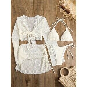 NWOT Lauvoco 4 Piece Swimwear Set w/Cover-Up, Skirt & Top Creamy White Sz Small